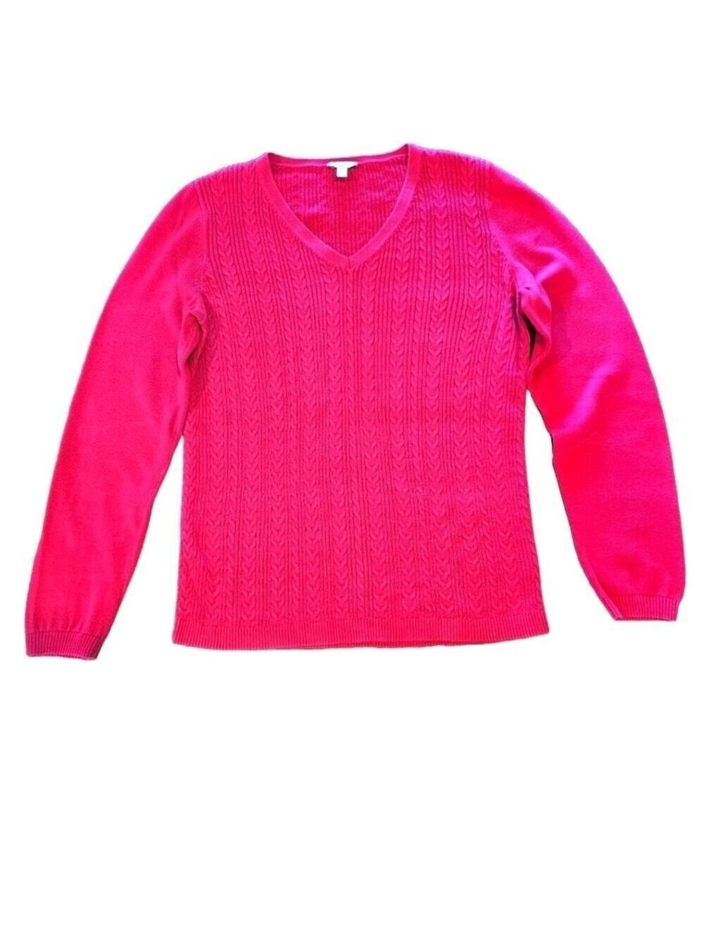 TALBOTS WOMEN'S BRIGHT BARBIE PINK CABLE KNIT V-NECKLINE PULLOVER SWEATER SIZE M